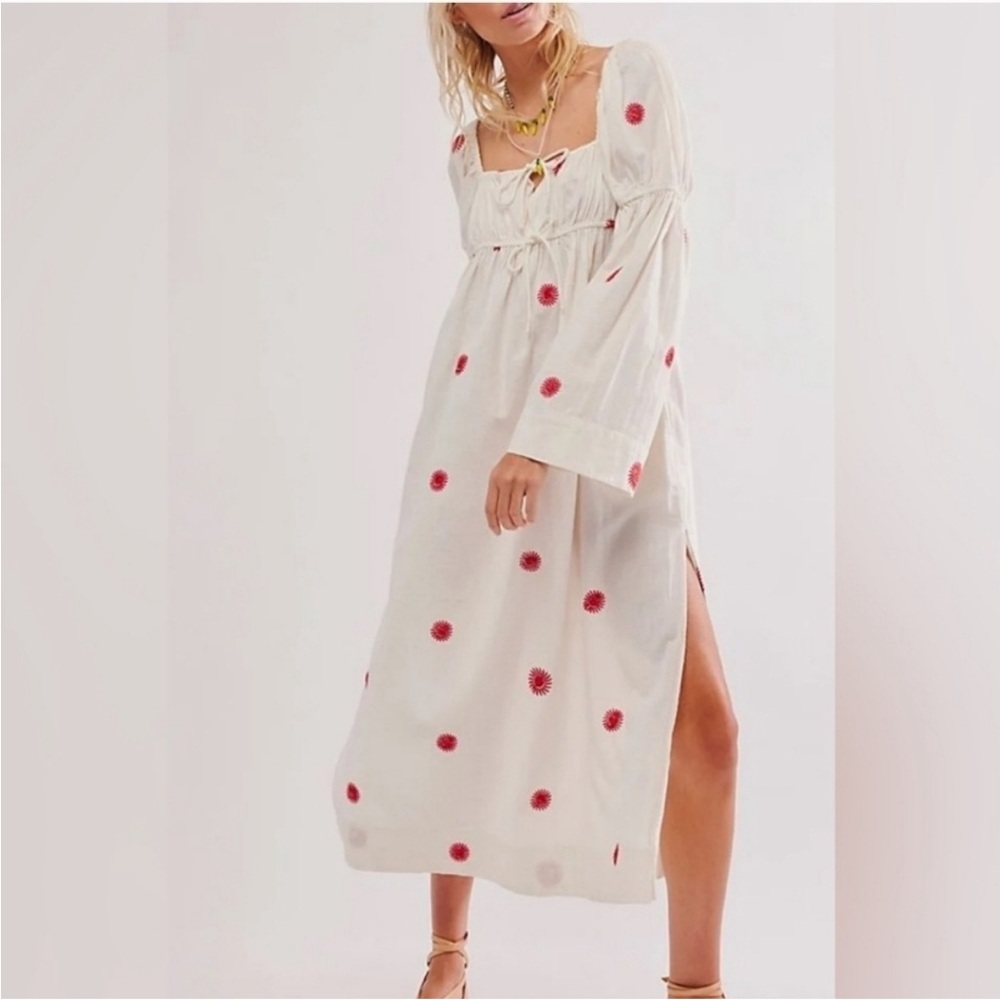 Free People Emory Embroidered Midi Dress‎ Ivory White Red Resort Beach NWT Small - Picture 3 of 10